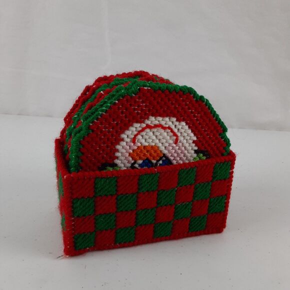 Vintage Handmade Needlepoint Canvas Christmas Coasters with Holder 9 Pc Snowmen - Picture 2 of 16